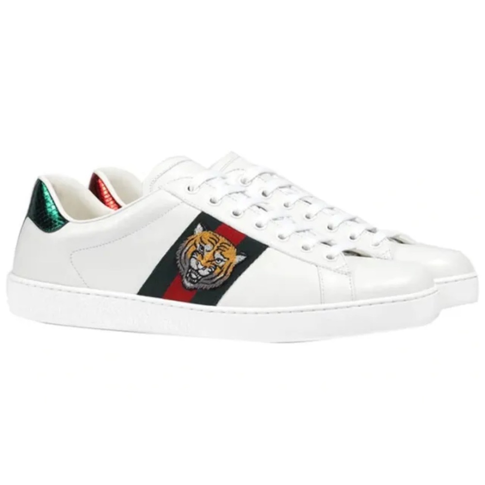 Gucci White Leather Ace Embroidered Tiger Low Top Sneakers Men's Size 8 US